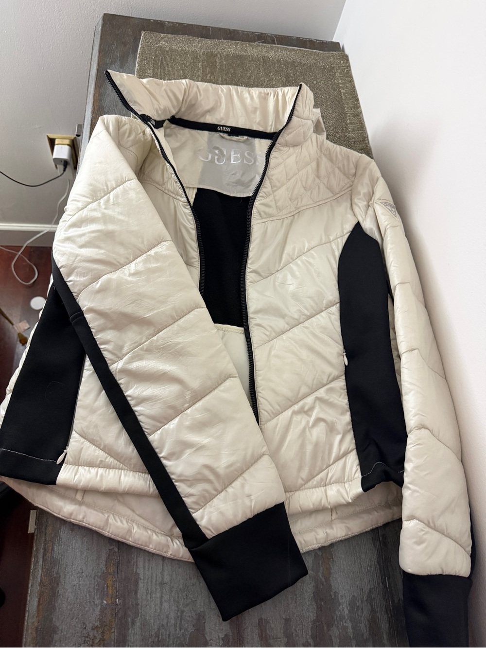 Guess Quilted Puffer Jacket - Ivory and Black Contrast